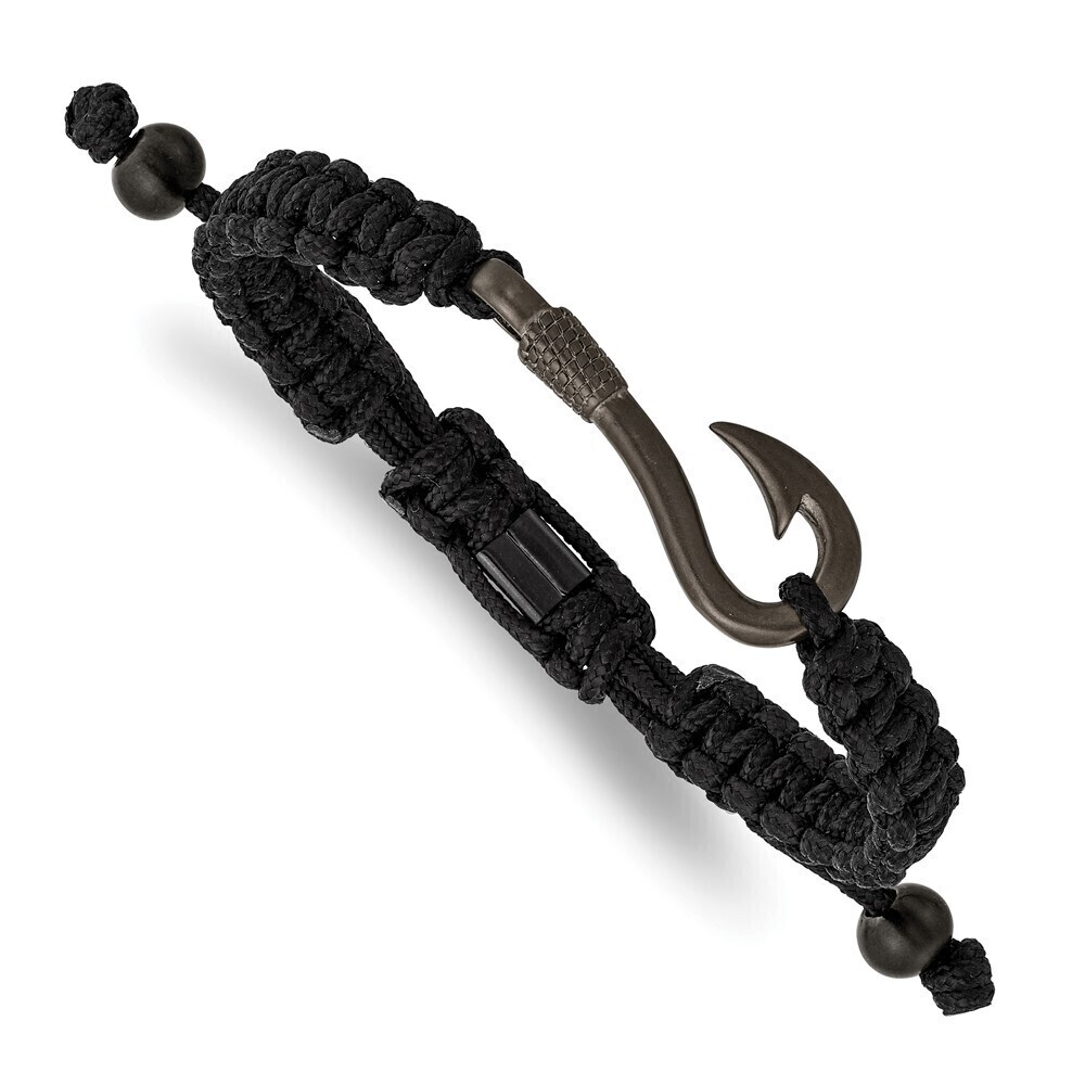 Steel Brushed Gun Metal IP-plated Fishing Hook Black Nylon Adjustable Bracelet